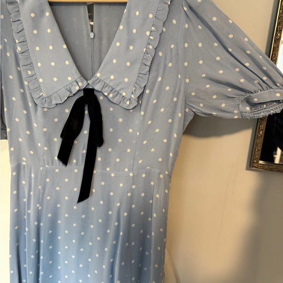 Reformation Powder Blue Polka Dot Midi Dress with Black Velvet Tie - Picture 3 of 4